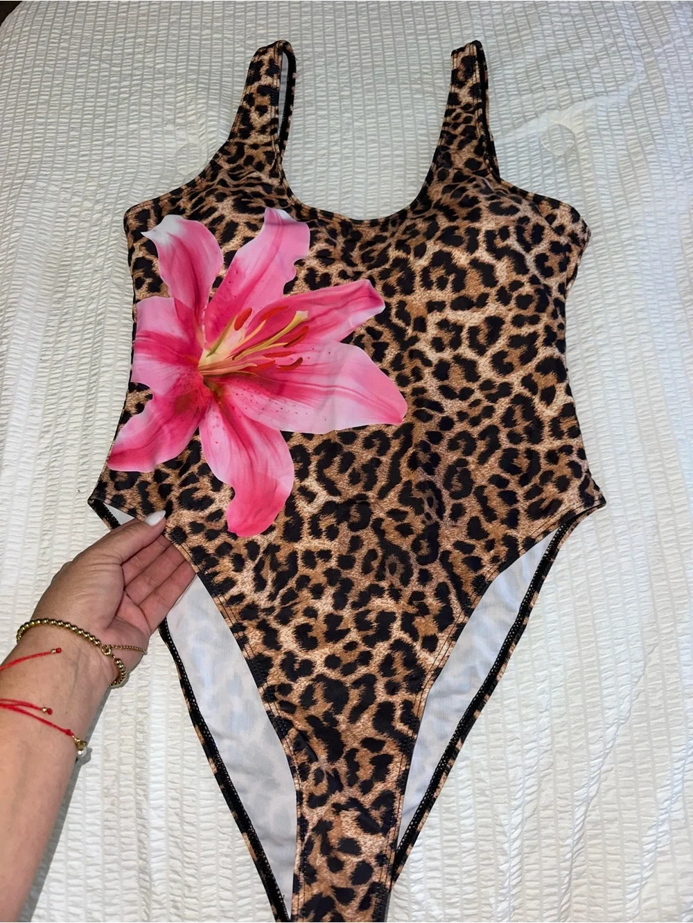 SHEIN Leopard Print One-Piece Swimsuit with Pink Floral Accent